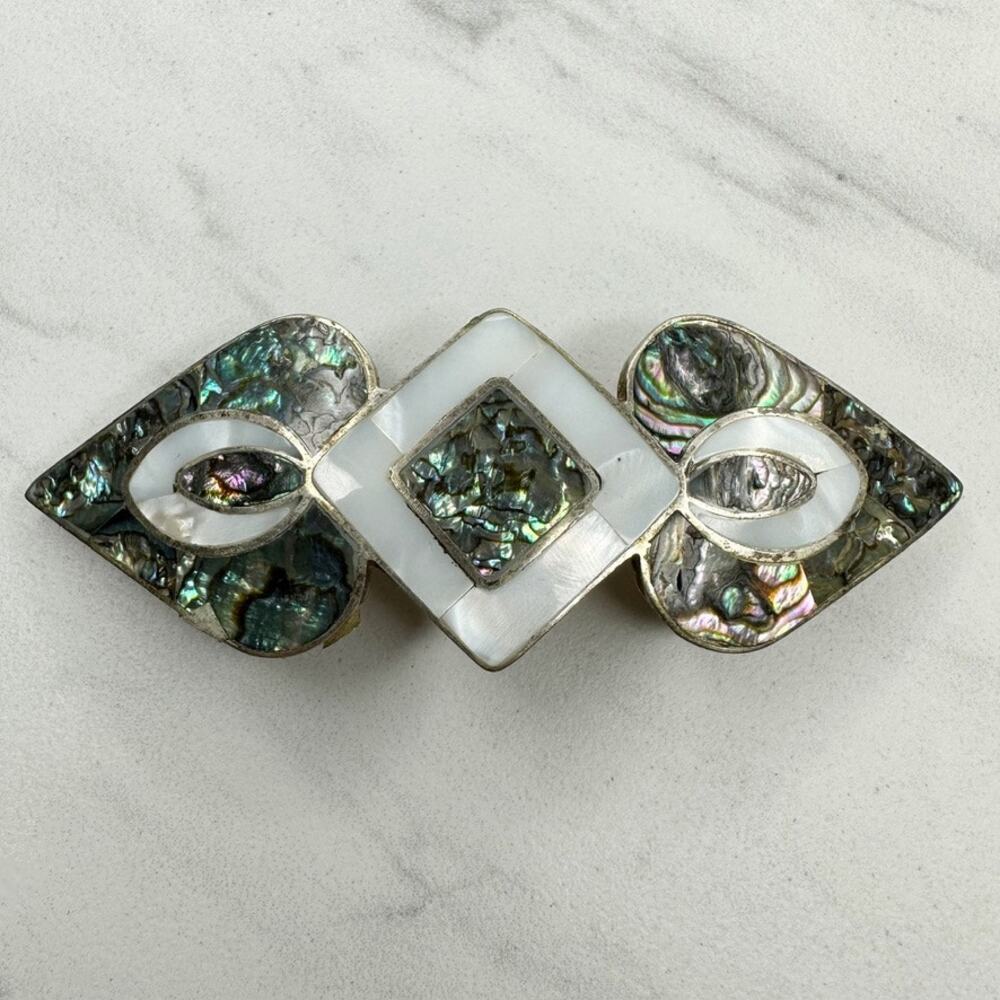 Alpaca Mexico Vintage Abalone MOP Inlay Geometric Silver Tone Hair Barrette ✨